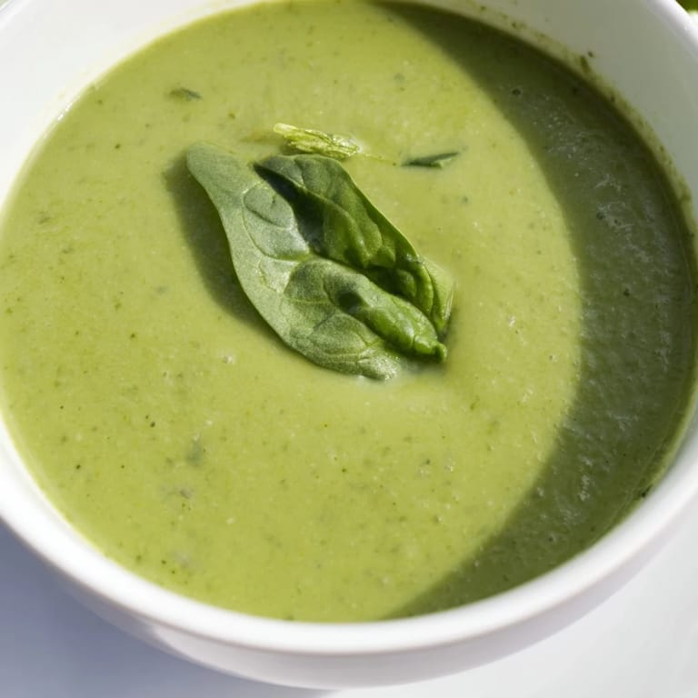 Steam rises from a pot of Big Green Immunity-Boosting Vegetable Soup with broccoli, asparagus, and cashew cream.