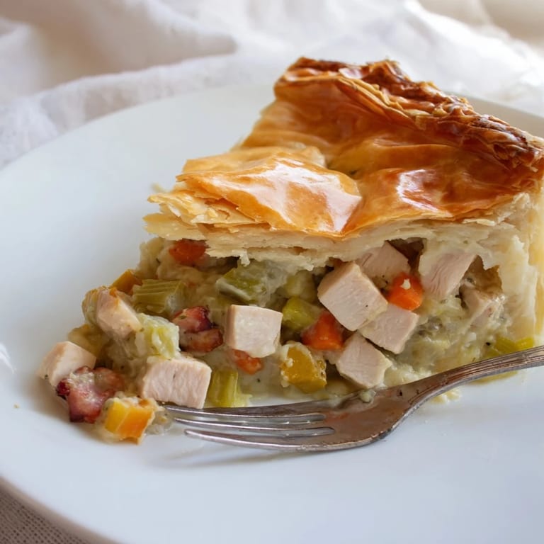 Golden Chicken and Leek Pie with herbs, served alongside steamed green beans and a glass of white wine.