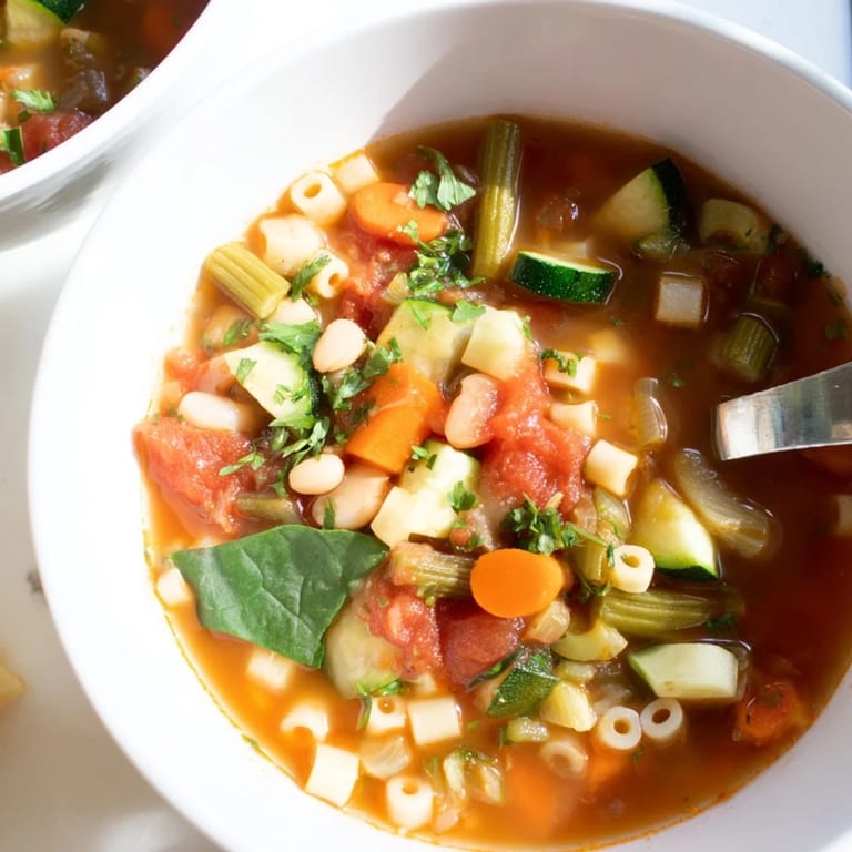 Hearty Italian Minestrone Soup served hot, ready to be enjoyed with crusty bread for a wholesome vegetarian dinner.