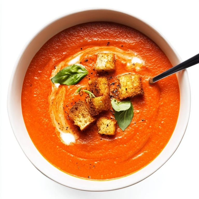 Deep red roasted tomato soup with a creamy finish, perfect with a grilled cheese sandwich for dinner.