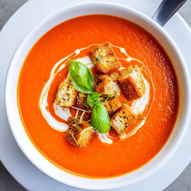 Velvety roasted tomato soup served in a rustic bowl, garnished with fresh basil and crispy croutons.