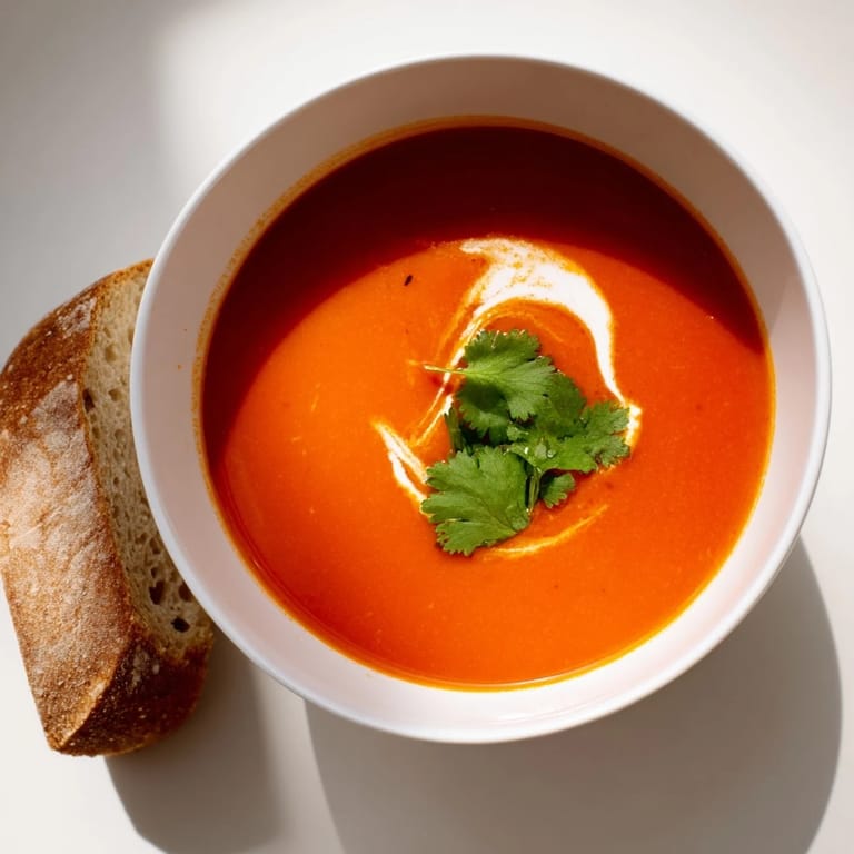 Roasted Red Pepper Soup ladled into a white ceramic bowl, served alongside a slice of crusty bread.