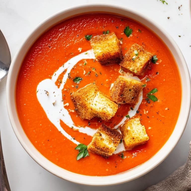 Wnętrze pomarańczowo-czerwonej zupy z pieczonej czerwonej papryki z grzankami i posypką z pietruszki.