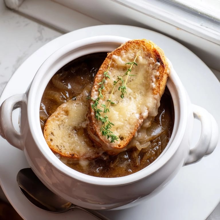 Z bliska widać chrupiące kromki bagietki i stopiony ser Gruyère na gorącej Francuskiej Zupie Cebulowej.