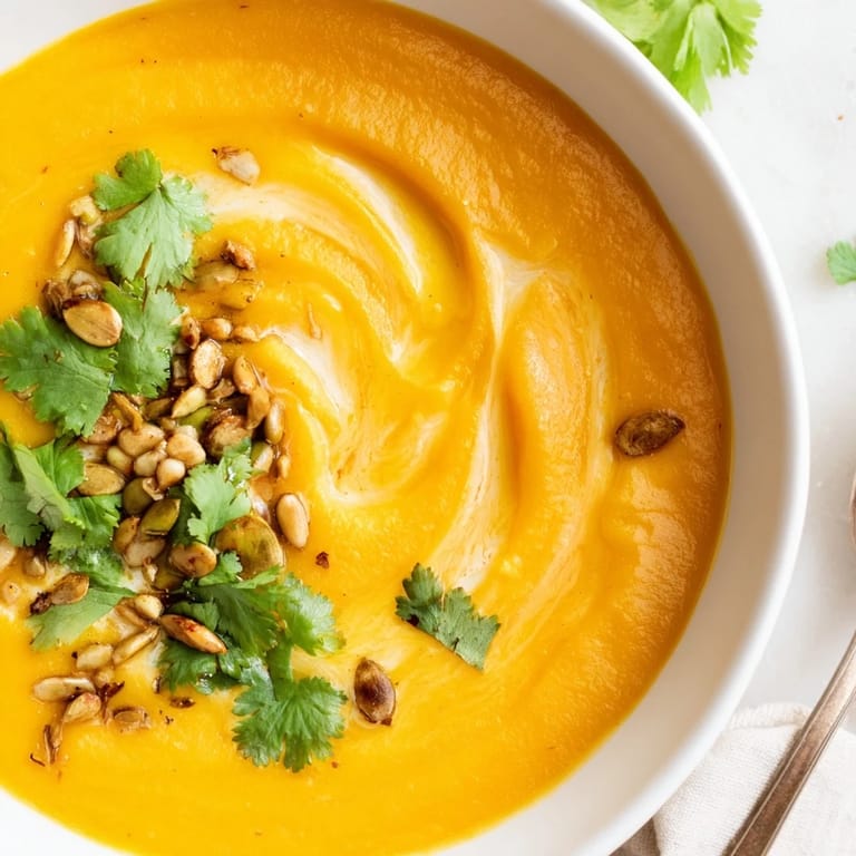 Warm, velvety Carrot Ginger Soup with vibrant orange hues, served in a ceramic bowl alongside a slice of crusty bread.