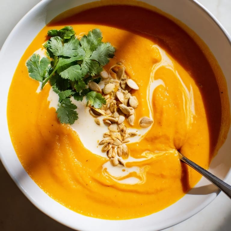 Spiced Carrot Ginger Soup topped with toasted pumpkin seeds, offering a cozy and nutritious meal for a chilly day.
