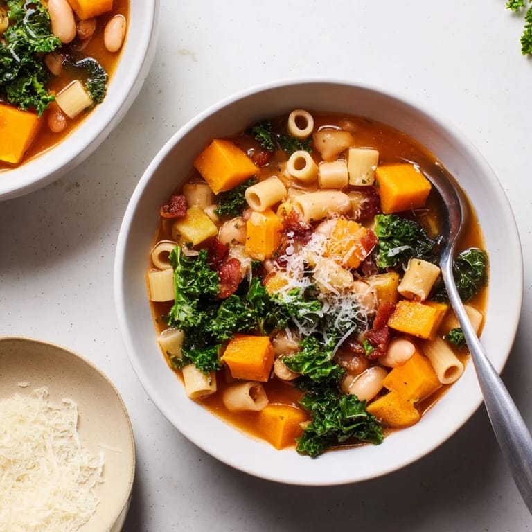 Fall Minestrone served steaming in a ceramic bowl, garnished with fresh parsley and Parmesan, alongside a slice of crusty bread.