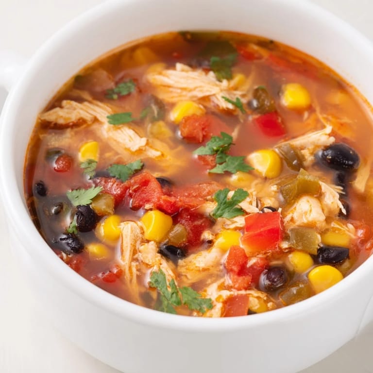 Close-up of Southwestern Turkey Soup topped with creamy avocado slices and cilantro, served alongside warm cornbread on a wooden table.