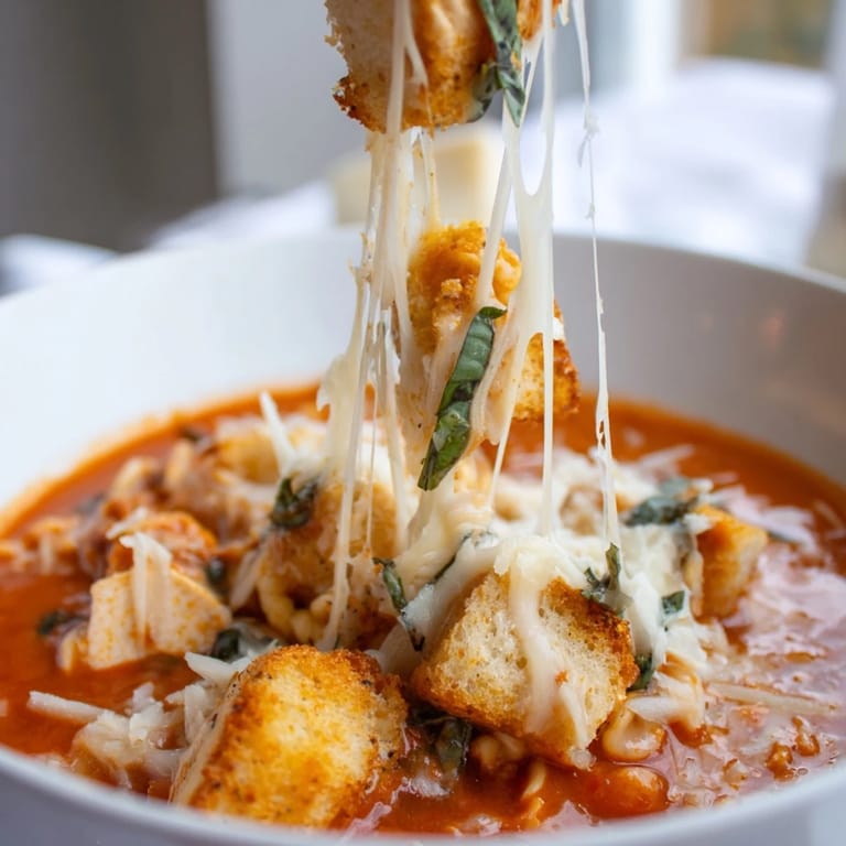 Steaming Grilled Chicken Parmesan Soup in a rustic bowl, paired with crusty bread for dipping