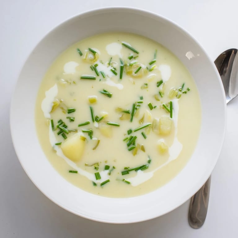 Zupa ziemniaczana z porami w garnku, z blendowaną konsystencją i dodatkiem gałązek tymianku, gotowa do podania.