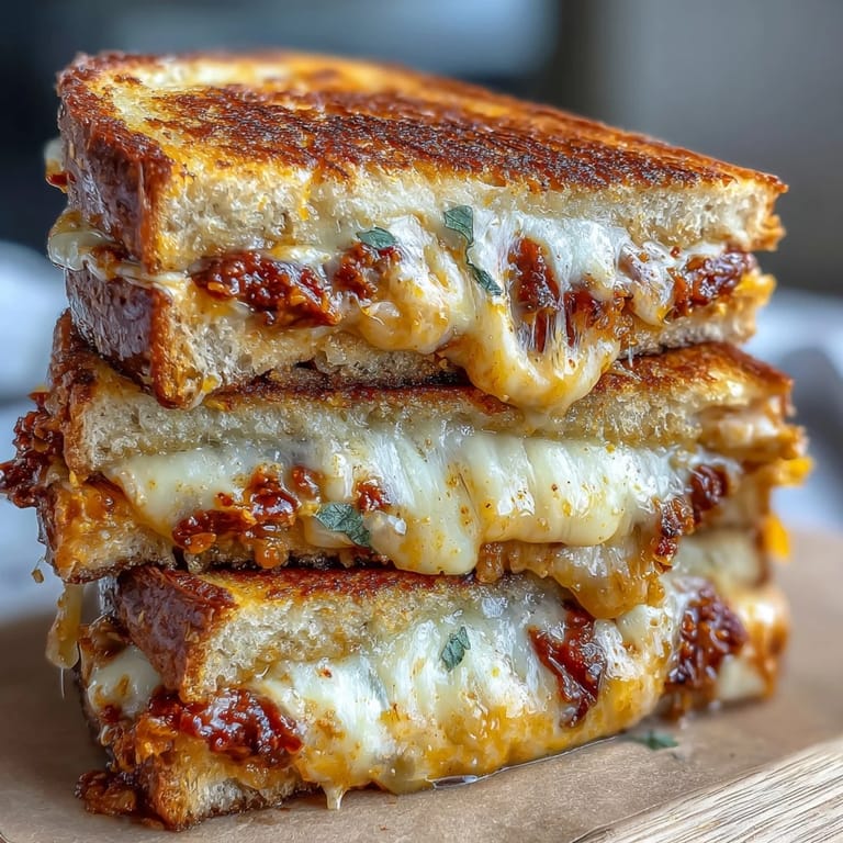 Gratinowana kanapka z pestem z suszonych pomidorów, czosnkiem i sercem z mozzarelli.