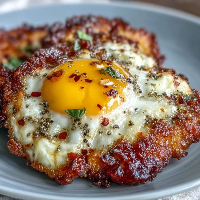 Śniadaniowe jajka sadzone z kremową feta i świeżymi ziołami na talerzu.