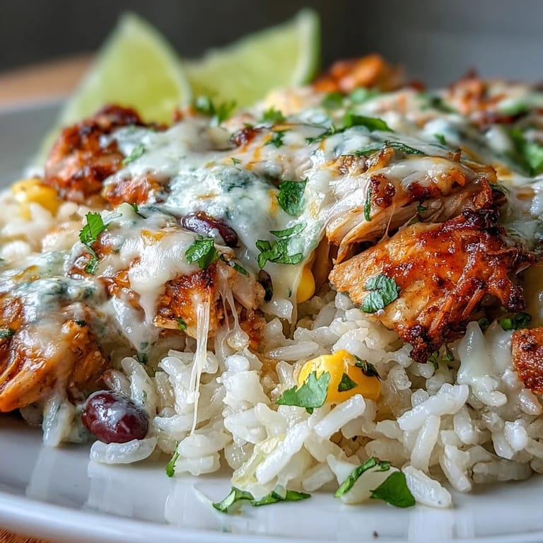 A skillet of Pollo Loco Mexican Chicken and Rice with Queso, garnished with fresh cilantro and served with lime wedges on the side.