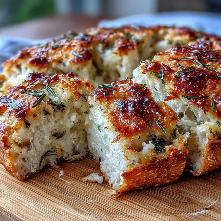 Sliced Perfect Parmesan Garlic Artisan Bread with soft, airy crumb and melted Parmesan on a wooden board.