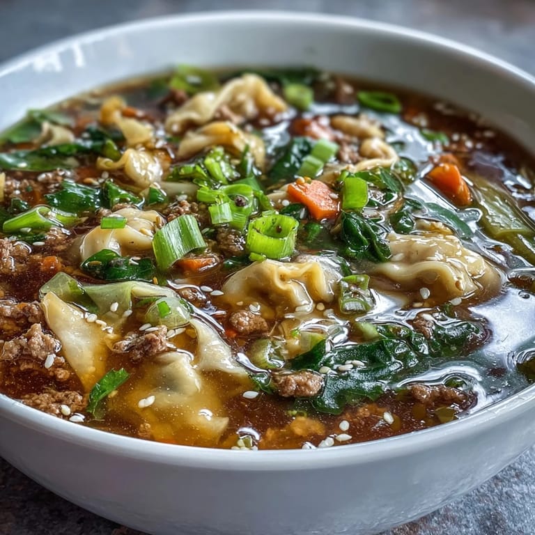 A comforting bowl of Cozy One-Pot Egg Roll Soup with Green Onions and Ginger, featuring savory pork and tender vegetables in a rich broth.  