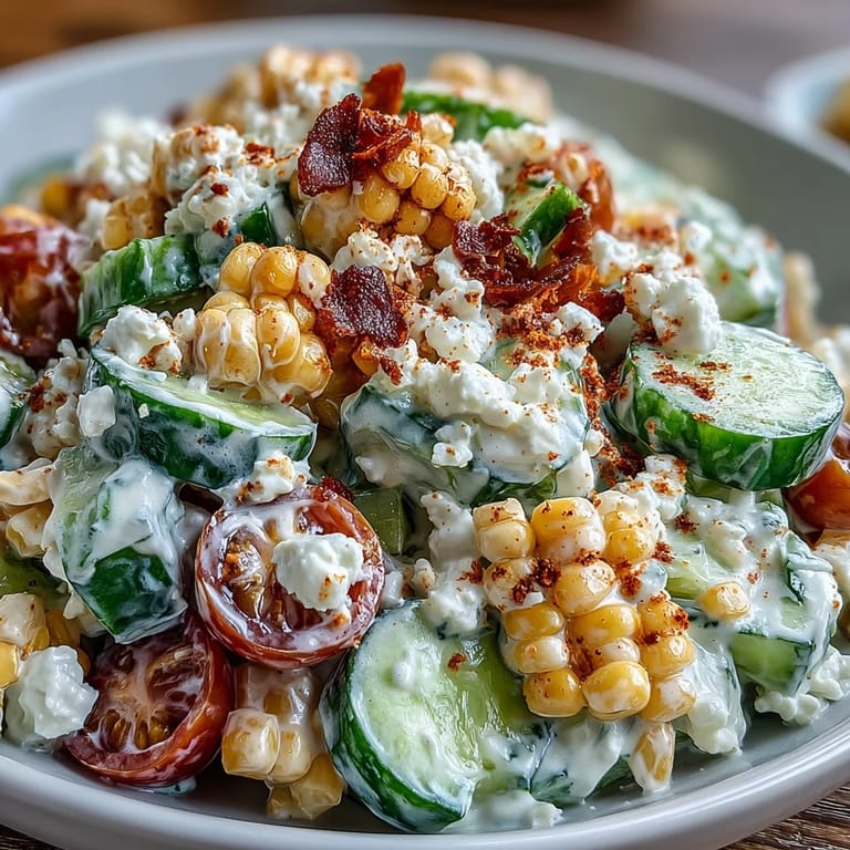 Zesty lime dressing coats fresh corn, cucumbers, and tomatoes in a refreshing Street Corn Creamy Cucumber Salad beside tortilla chips.