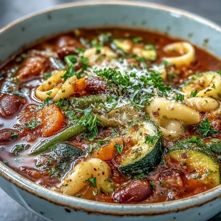 Kolorowa miska rozgrzewającej zupy Minestrone ze świeżymi ziołami i parmezanem.