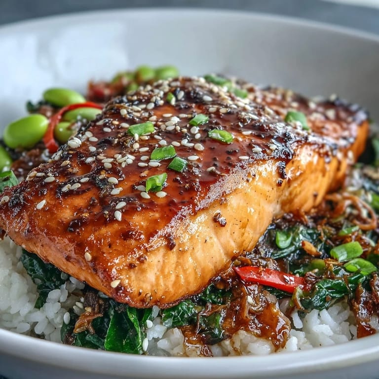 Sycący łosoś po azjatycku z ryżem i świeżymi dodatkami.