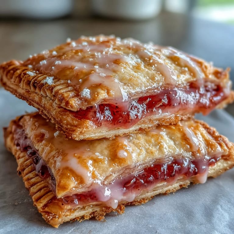 Freshly baked Guava Cheese Pop Tarts on a wooden board, with a glass of milk and extra jam for dipping.