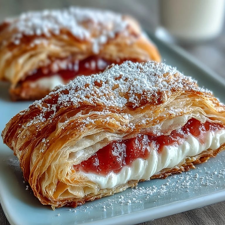 Rozdrobnione guava cheese pastries o maślanym zapachu, z widocznymi płatami ciasta i lśniącym, różowym wnętrzem podawanym na talerzu.