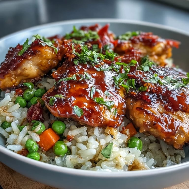 Ten One-Pan Bold Honey BBQ Chicken Rice lśni sosem i warzywami