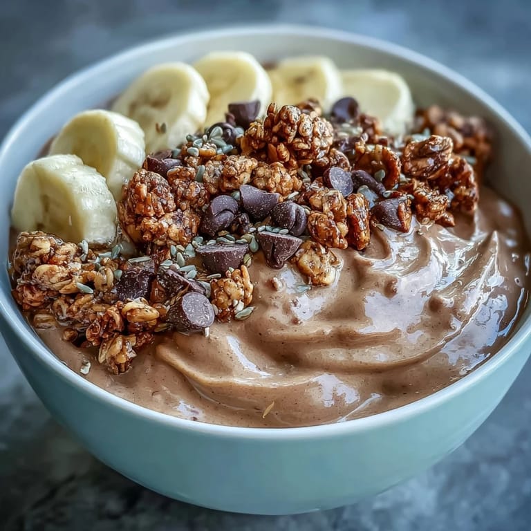 Indulgent chocolate Chunky Monkey Smoothie Bowls topped with banana slices, granola, cacao nibs, and hemp seeds for a healthy treat.