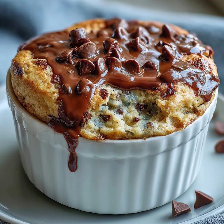 Single-serve Baked Protein Pancake Bowl with melty chocolate chips and fresh raspberries.