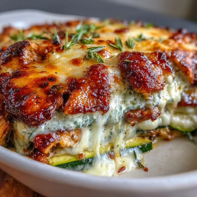 Golden bubbly cheese tops layered chicken and zucchini, with a creamy Greek yogurt egg blend, perfect for high protein low carb dinner meal prep.