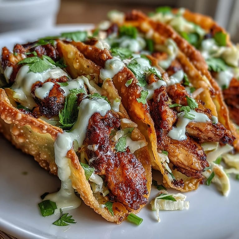Apetyczne Crispy Chicken Wonton Tacos na talerzu, gotowe do skropienia sokiem z limonki i podania na obiad.