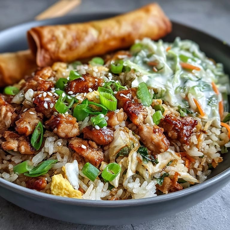 A close-up of Crispy Chicken Fried Rice with Egg Roll Flavors, featuring colorful veggies and fluffy rice tossed for an easy weeknight meal.