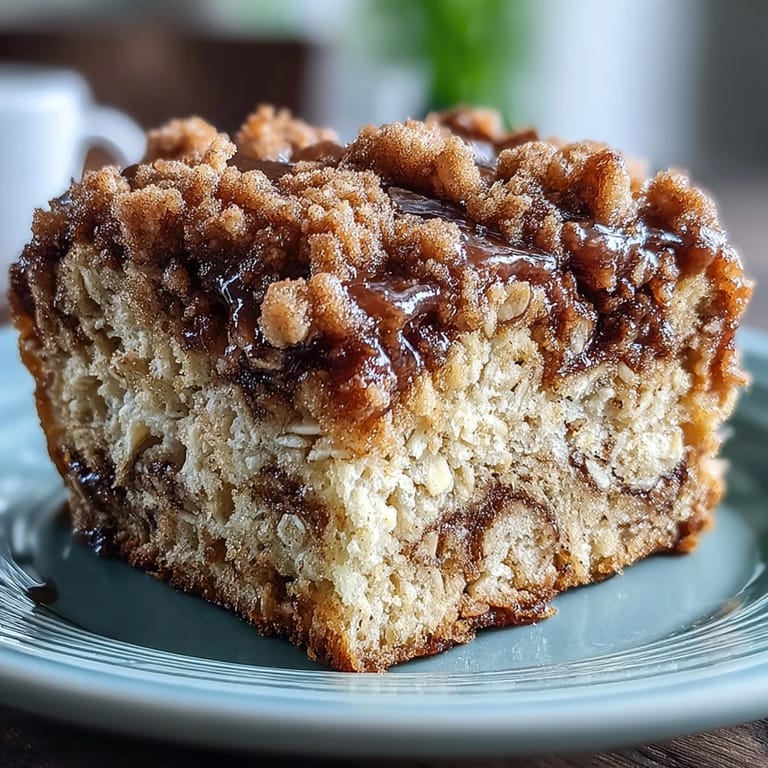 Freshly baked High-Protein Cinnamon Swirl Coffee Cake Oats in a ceramic dish, showcasing golden crumble topping and warm cinnamon swirls, ready to serve for breakfast. 