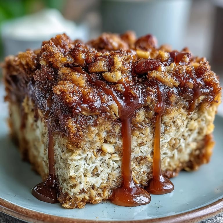 A close-up slice of High-Protein Cinnamon Swirl Coffee Cake Oats on a plate, revealing soft baked oats with a rich cinnamon ribbon and crumble texture. 