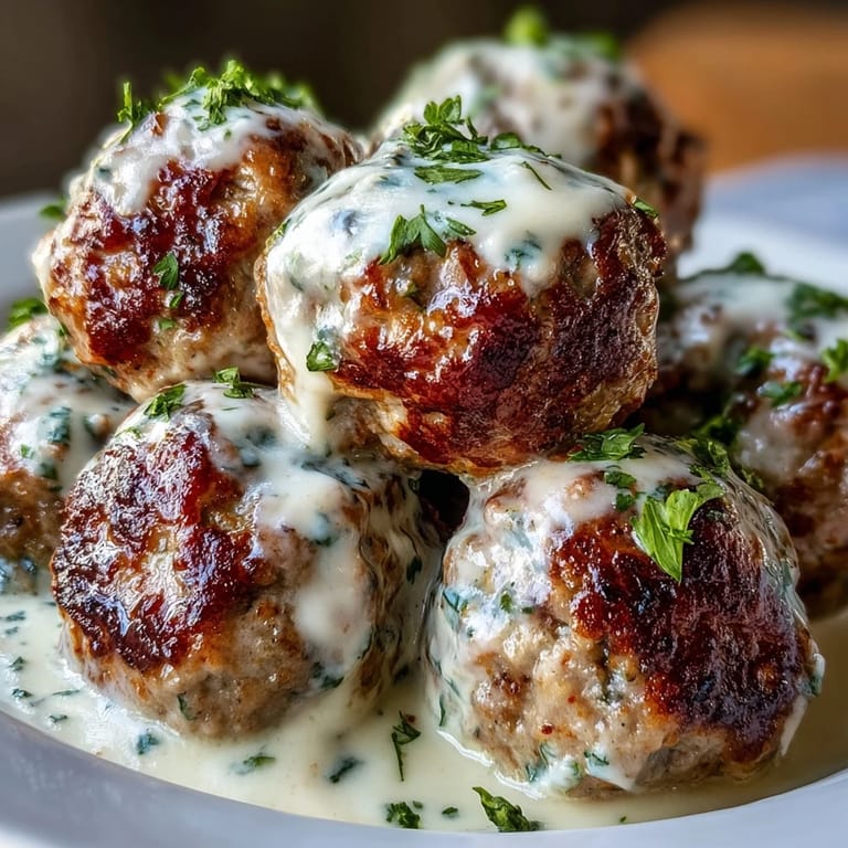 Family-style Creamy Garlic Ranch Turkey Meatballs, glossy sauce, fresh parsley garnish, perfect dinner.