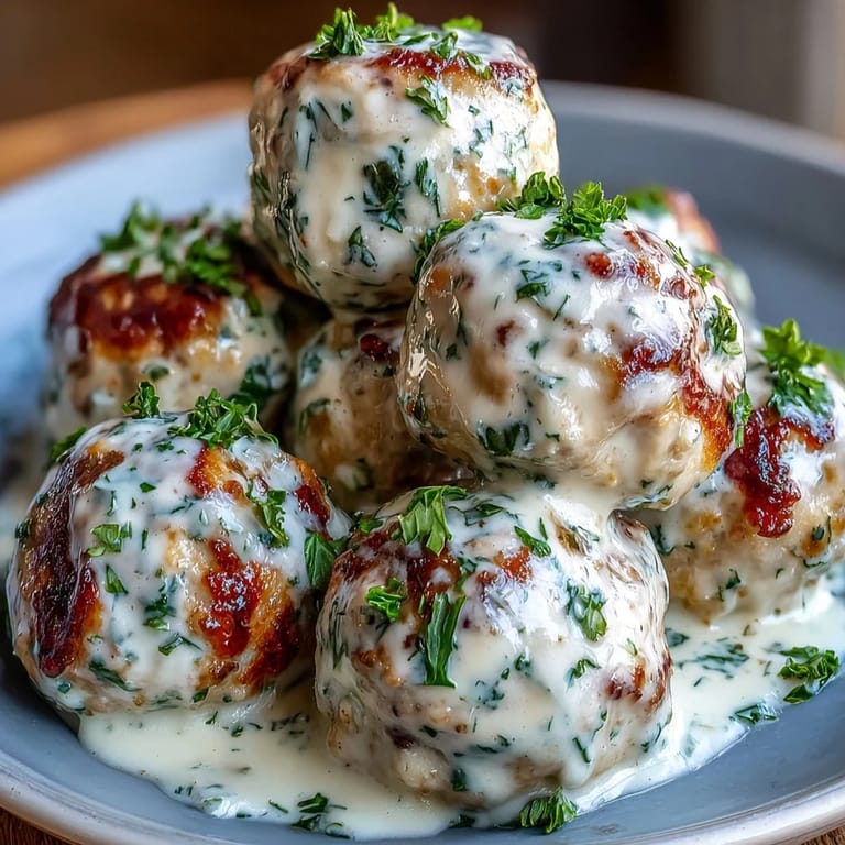 Golden Creamy Garlic Ranch Turkey Meatballs in a garlicky cream sauce, ready to serve.