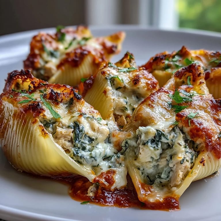 Golden jumbo pasta shells filled with creamy pesto chicken and Greek yogurt, baked until bubbly in marinara