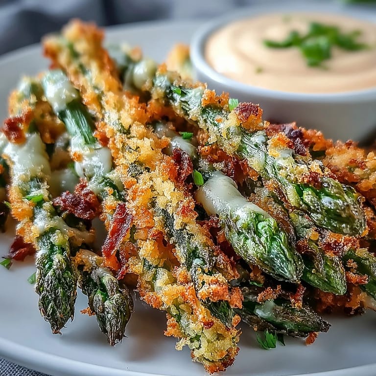 Kremowy dip sriracha-majonezowy i złociste pieczone frytki z szparagów z sezamem, gotowe do przekąszenia.