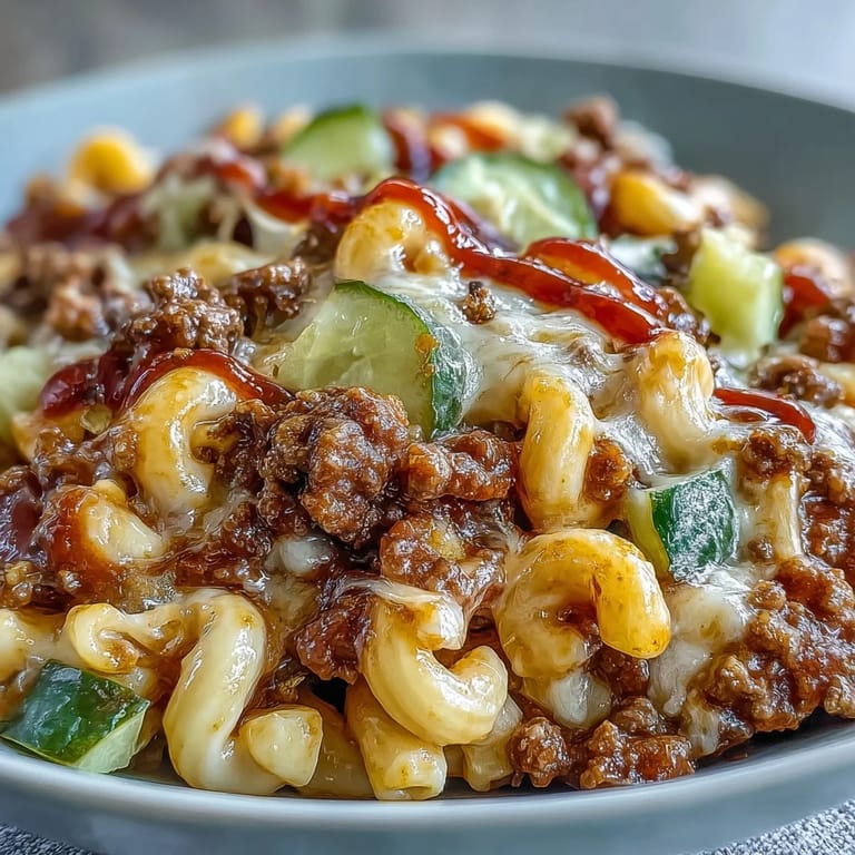 Szybki, jednoporcjowy obiad Cheeseburger Chili Mac z ketchupem, wołowiną i aromatycznymi przyprawami.