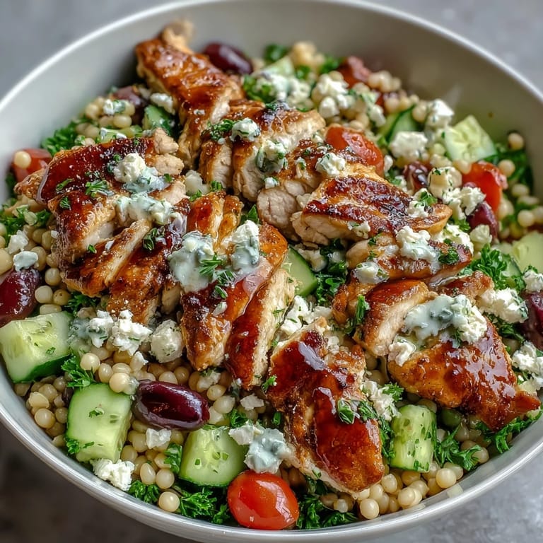 Crisp cucumbers and red onions mingle with olives in this wholesome bowl, served with a zesty dressing.