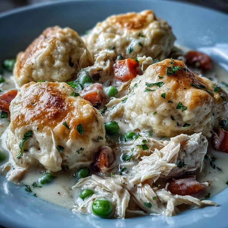 Family-style Slow Cooker Ranch Chicken & Dumplings topped with golden biscuits, ready to serve.