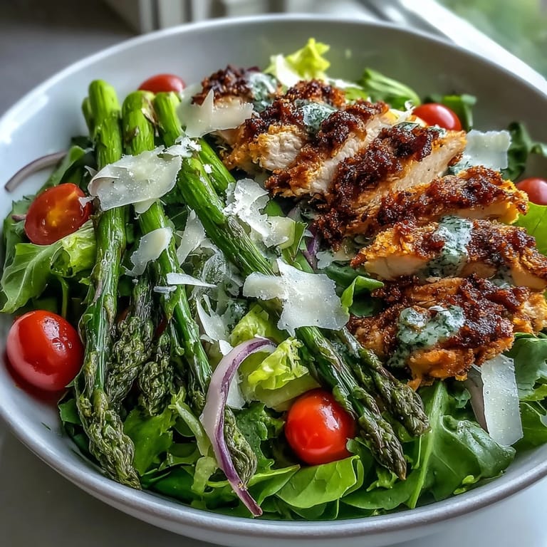 Crispy Parmesan Asparagus Chicken Salad plated on white, topped with cherry tomatoes and red onion, drizzled with lemon dressing.