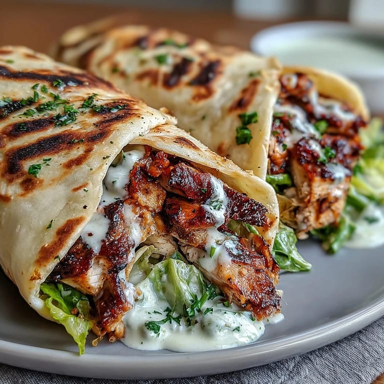 Plated Garlic Naan Grilled Chicken Caesar Wraps with fresh romaine, grilled chicken strips, and melted butter.