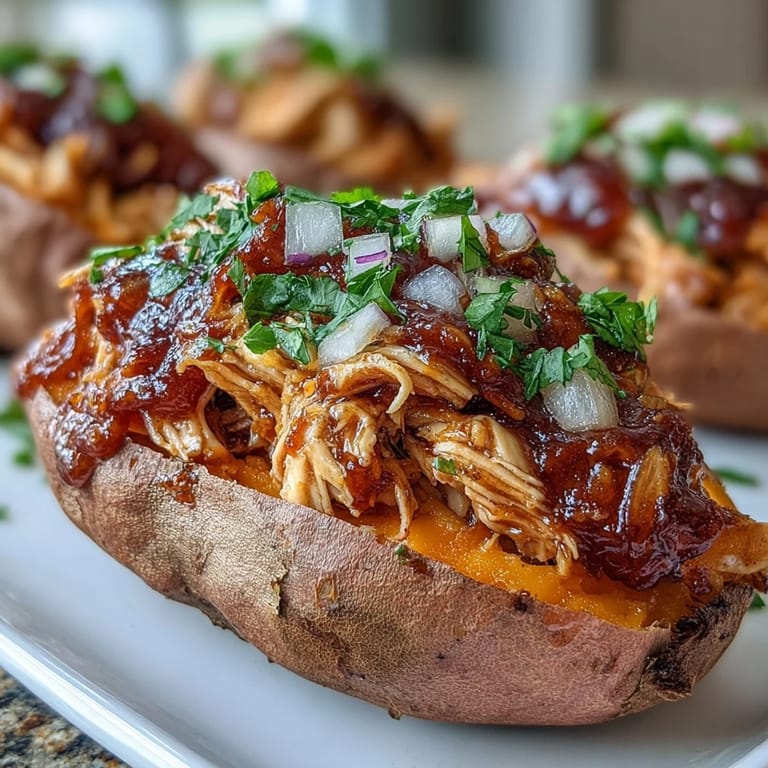 Freshly baked Honey BBQ Chicken Stuffed Sweet Potatoes with red onion and cilantro, ideal for a family dinner.