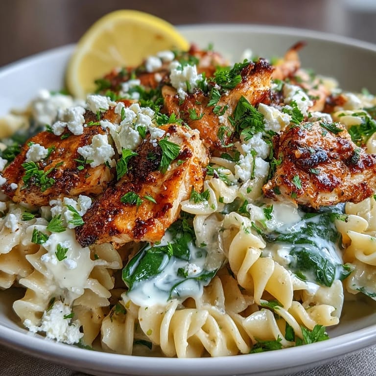 Idealna letnia obiadokolacja: Greek Chicken Feta Pasta Skillet z zielonym szpinakiem i kawałkami cytryny na patelni.
