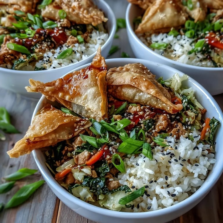 A warm bowl of Crispy Baked Egg Roll Chicken Bowls with stir-fried chicken and colorful vegetables for a comforting meal