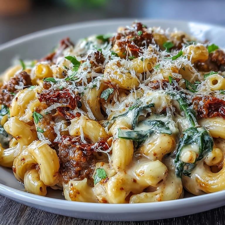Family-style pot of Creamy Tuscan Chili Mac with pasta, ground beef, and rich red sauce.