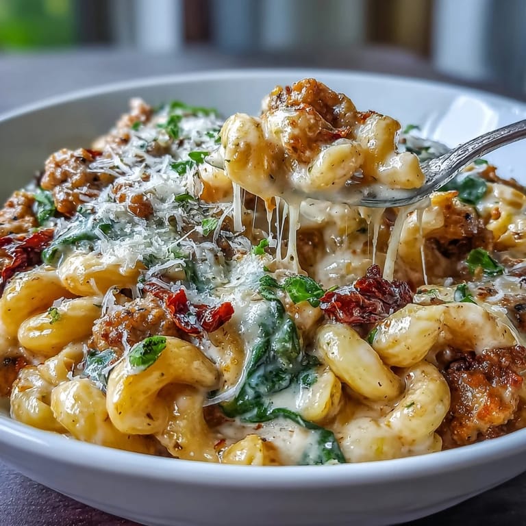 Creamy Tuscan Chili Mac steaming in a skillet, featuring spinach, sun-dried tomatoes, and Parmesan cheese.