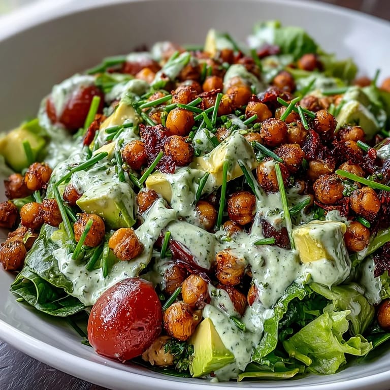 Sałatka Pistachio Green Goddess z rukolą, pomidorkami i zielonym sosem serwowana na obiad.
