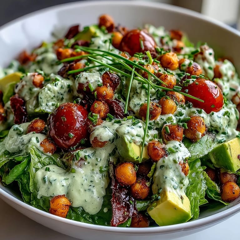 Smakowita sałatka Pistachio Green Goddess z chrupiącymi ciecierzycami, awokado i pistacjowym dressingiem na białym tle.