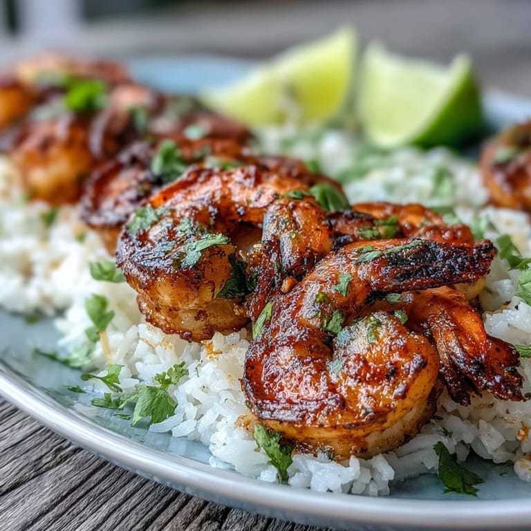 Spicy Jerk Seasoning Shrimp Skewers served with coconut rice and lime wedges on a rustic wooden platter.