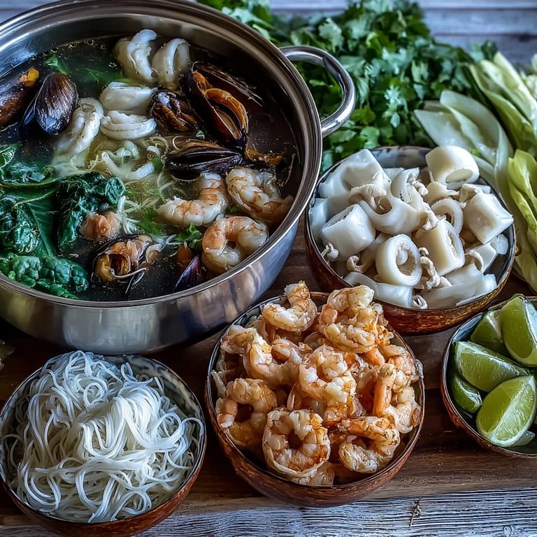Vivid Asian Hot Pot Seafood with glass noodles, bok choy, and lime wedges for a bright, tangy garnish.